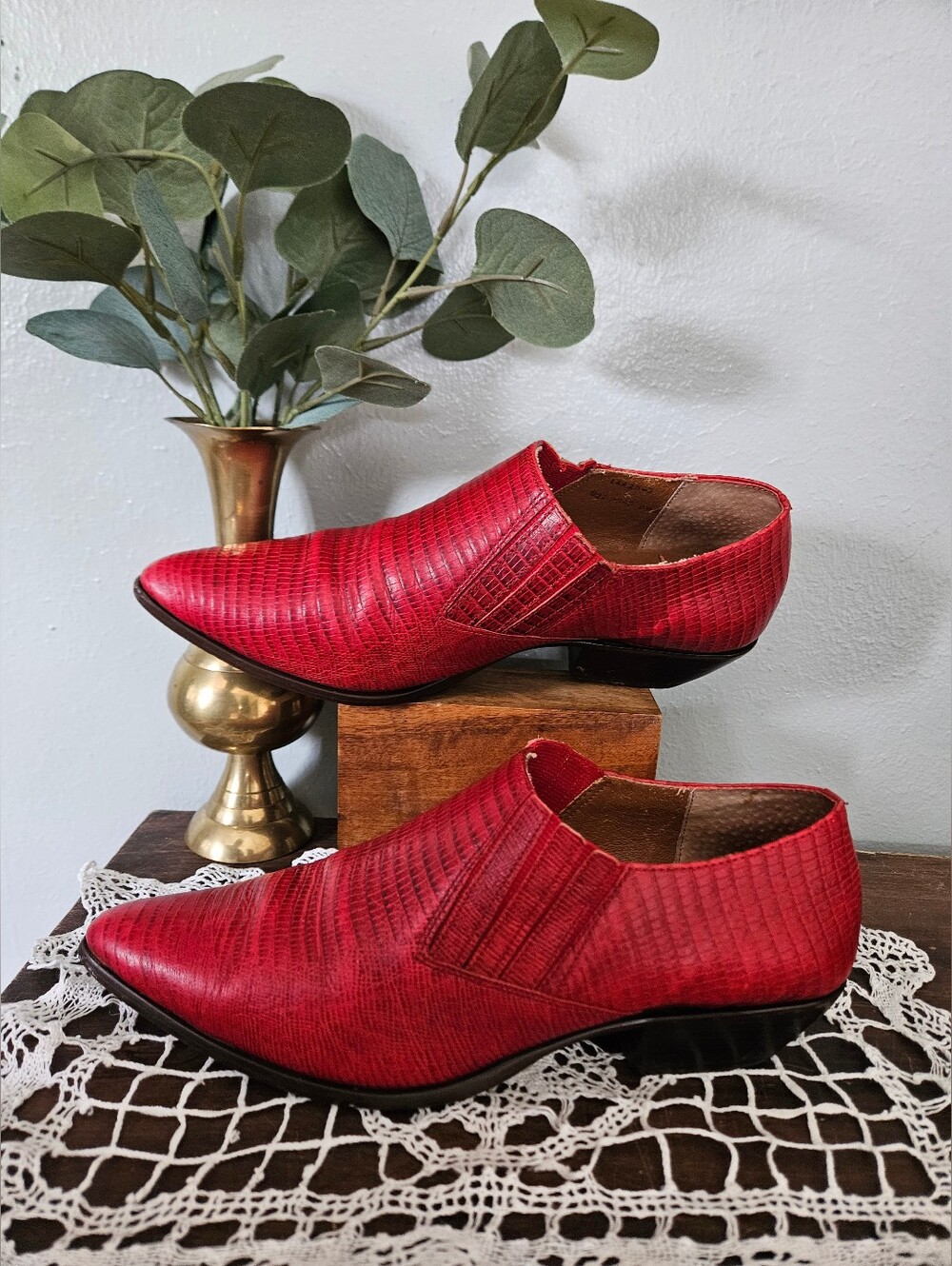 HUNT CLUB 80s/90s VTG Red Lizard Leather Western Pointed Ankle Boots Size 8.5.